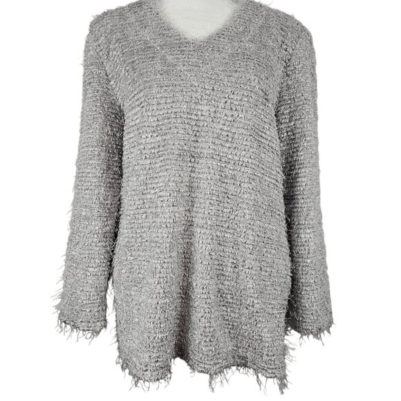 Artex Womens M Sweater Eyelash Fuzzy Soft Pullover Grey Silver Comfy Casual - Picture 6 of 16